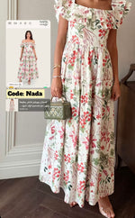 Luxury Poplin Floral Maxi Dress with Off-Shoulder Ruffle Neckline