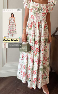 Luxury Poplin Floral Maxi Dress with Off-Shoulder Ruffle Neckline