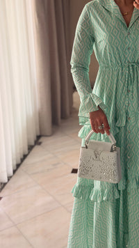 Luxury Cotton Maxi Shirt Dress with Geometric Print & Ruffle Details