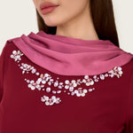 Embellished Evening Crepe Maxi Dress with Attached Satin Scarf