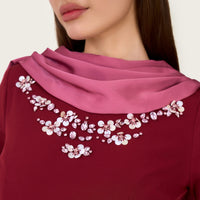 Embellished Evening Crepe Maxi Dress with Attached Satin Scarf
