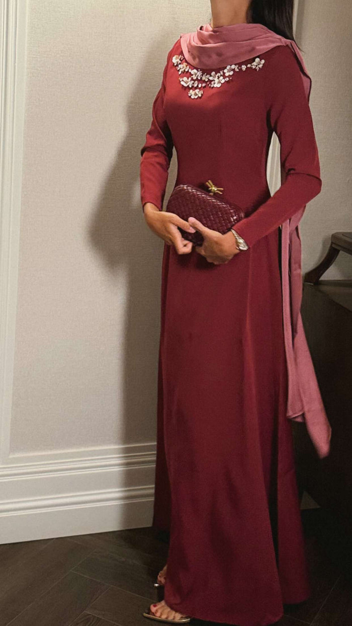 Embellished Evening Crepe Maxi Dress with Attached Satin Scarf