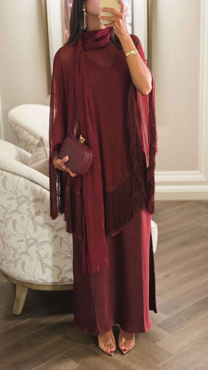 Burgundy Satin Dress with Pleated Chiffon Cape