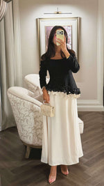 Black & Ivory Off-Shoulder Crepe Occasion Dress with Floral Appliqué