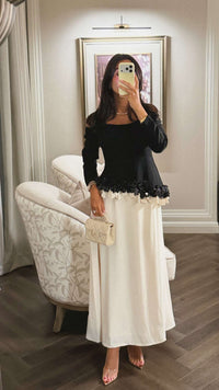 Black & Ivory Off-Shoulder Crepe Occasion Dress with Floral Appliqué