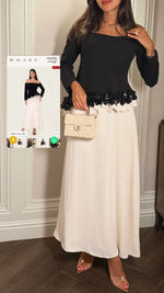 Black & Ivory Off-Shoulder Crepe Occasion Dress with Floral Appliqué