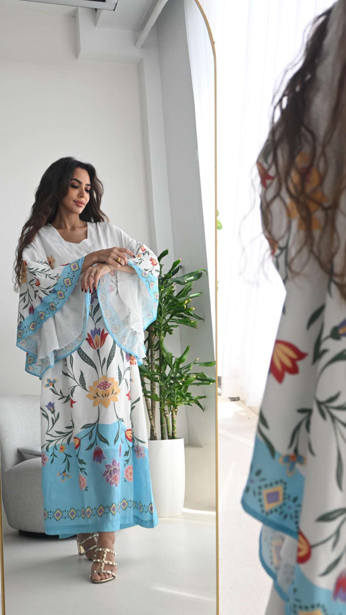 Floral Printed Kaftan Dress – White & Turquoise