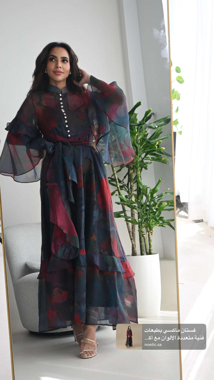 Printed Maxi Dress with Bow Neck and Flared Sleeves