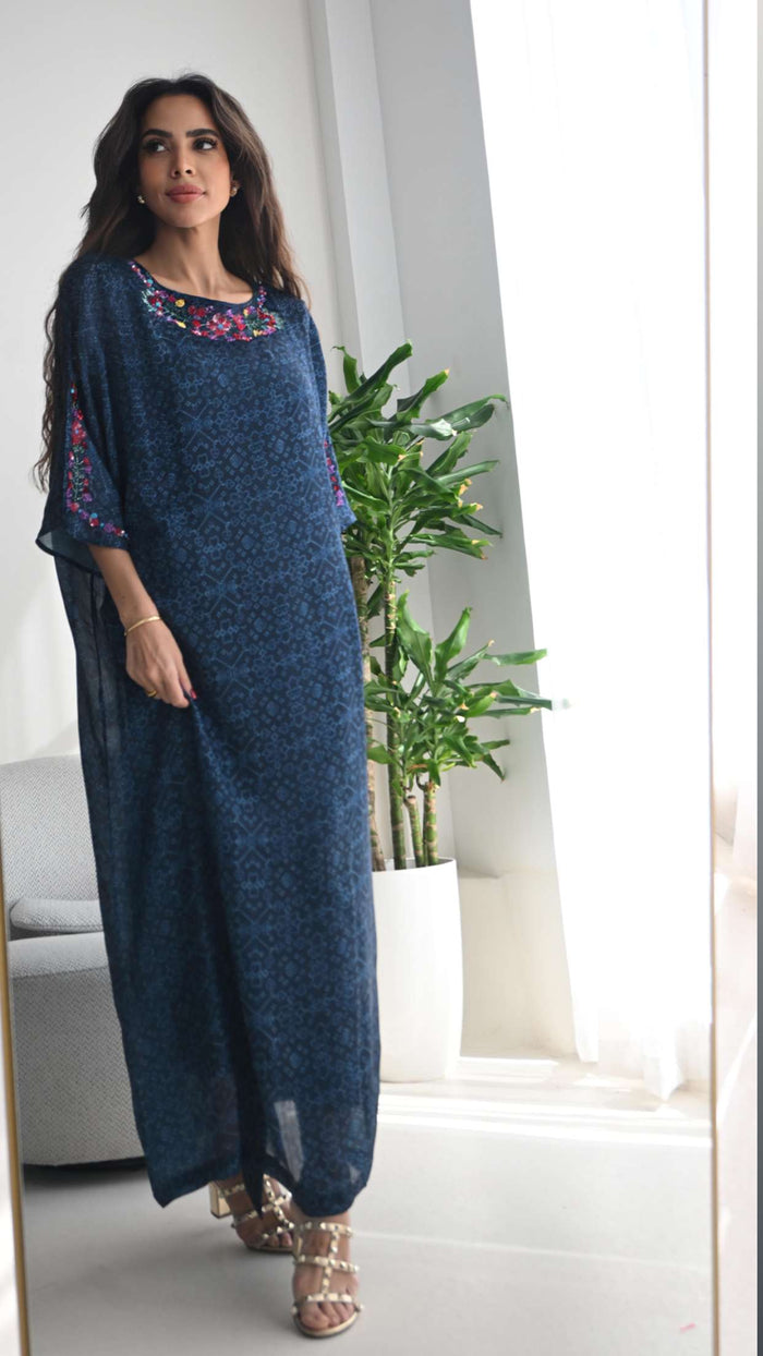 Dark Blue Printed Maxi Kaftan with Hand Embroidery & Relaxed Fit