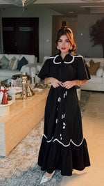 Black Poplin Maxi Dress with Lace Inserts and Beaded Waist Belt