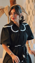 Black Poplin Maxi Dress with Lace Inserts and Beaded Waist Belt