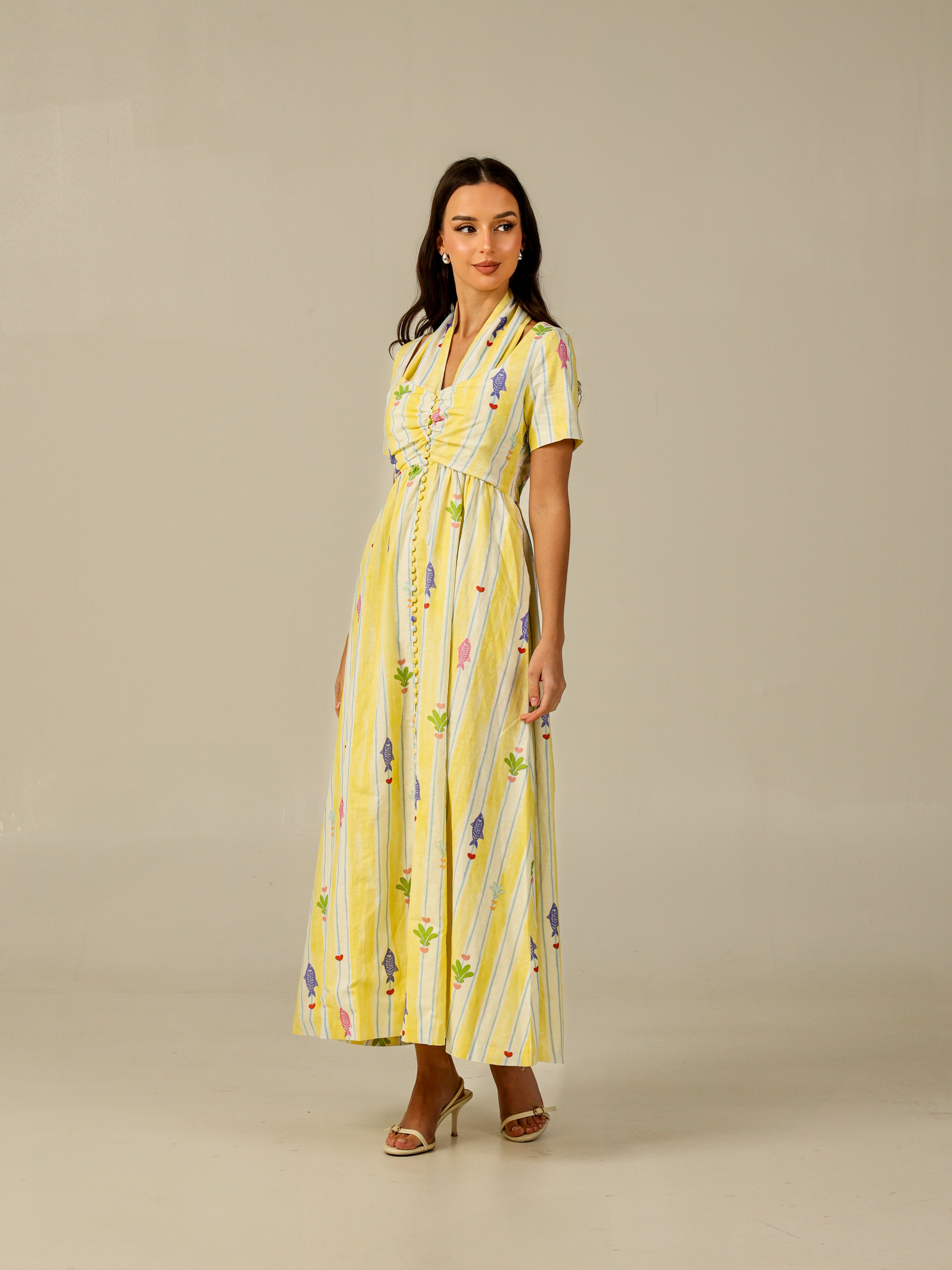 Yellow with Vibrant Summery Print Lightweight Linen Dress S