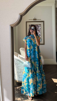 Printed Organza Maxi Dress with Back Bow Tie