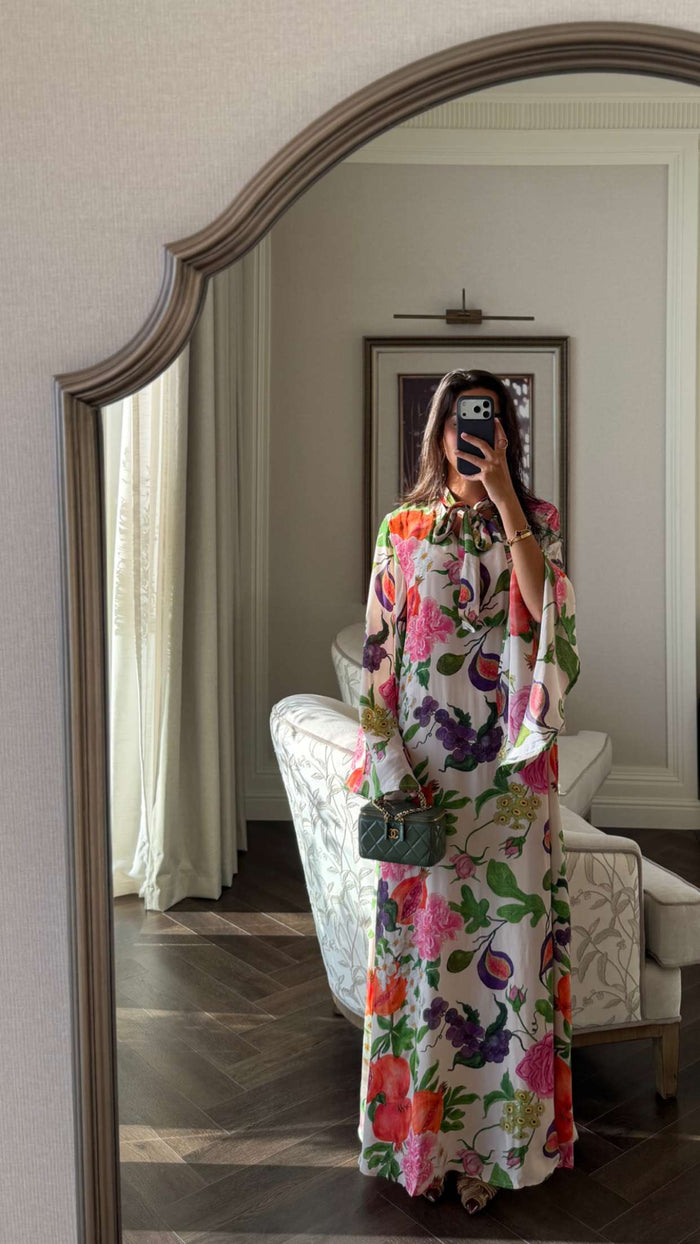Floral Fruity Printed Maxi Kaftan with Tie Neckline