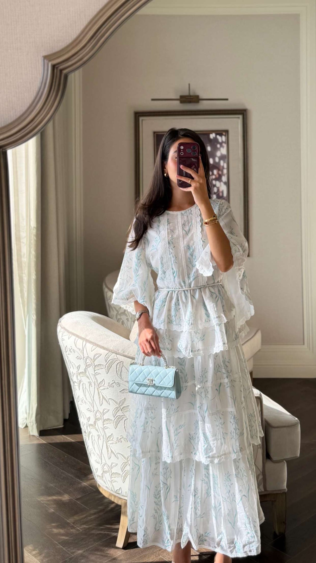 Aqua Bloom Tiered Lace Trim Maxi Dress