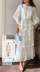 Aqua Bloom Tiered Lace Trim Maxi Dress