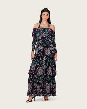 فستان ماكسي شبك مزهر أوف شولدر بطبقات