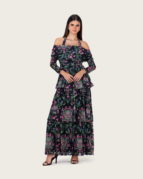 فستان ماكسي شبك مزهر أوف شولدر بطبقات