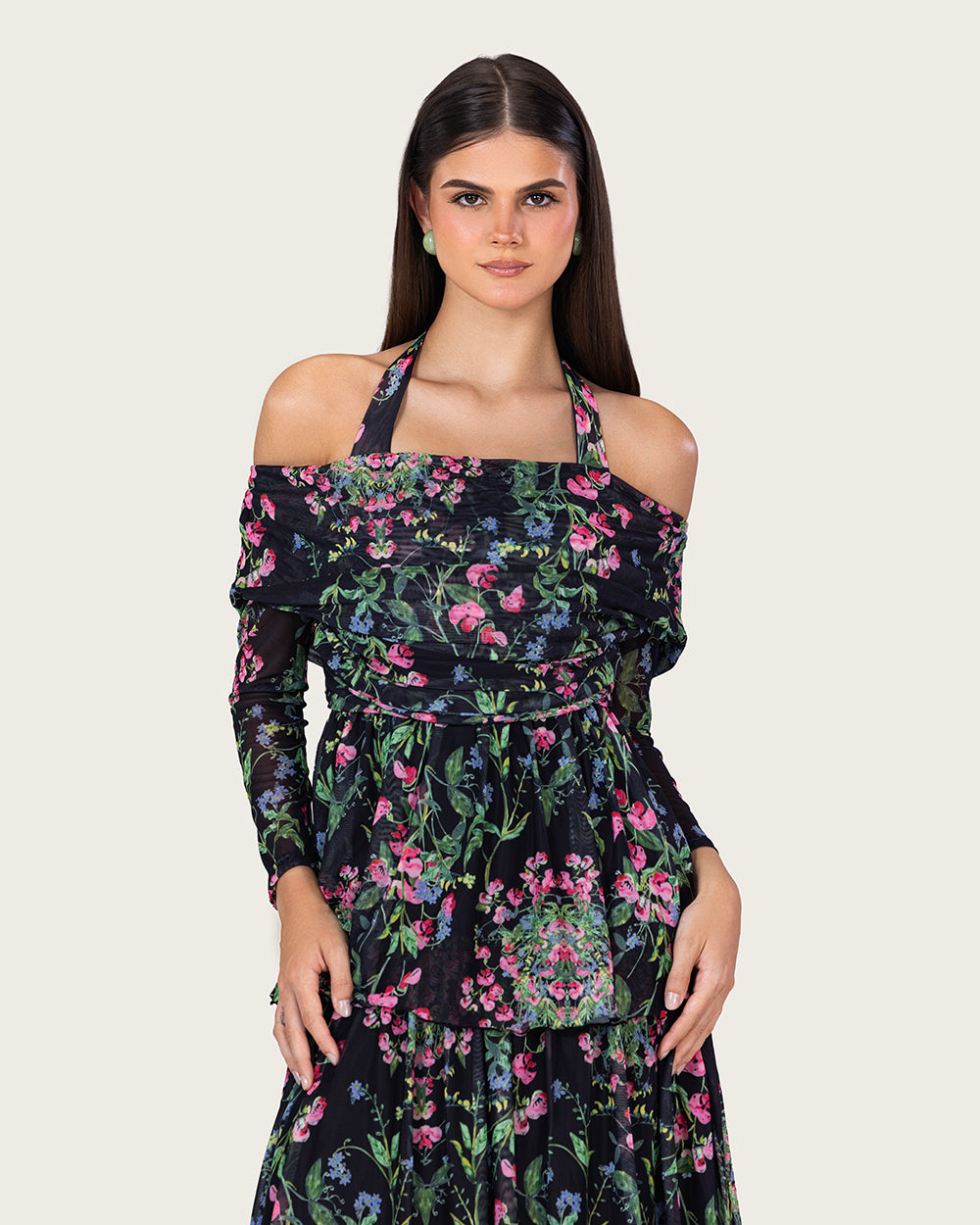 فستان ماكسي شبك مزهر أوف شولدر بطبقات