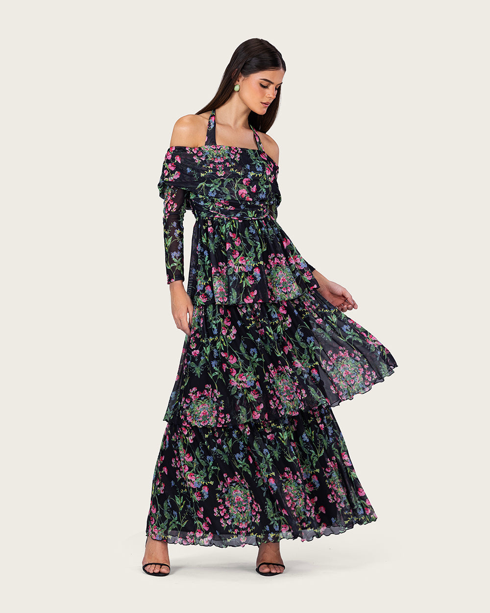 فستان ماكسي شبك مزهر أوف شولدر بطبقات