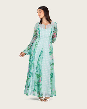 فستان شيفون أخضر فاتح مزهر بأكمام واسعة