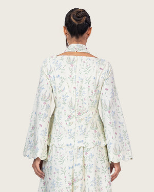 فستان كتان مزهر بتفاصيل حواف صدفية