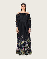 فستان ماكسي اسود مزهر بخليط الكتان أوف شولدر مع حزام خصر
