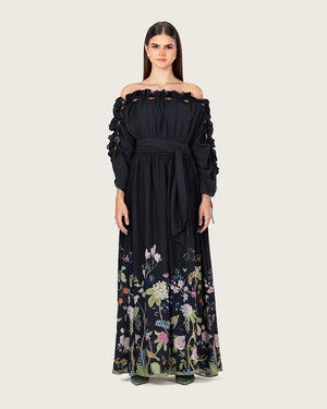 فستان ماكسي اسود مزهر بخليط الكتان أوف شولدر مع حزام خصر
