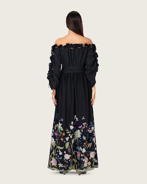 فستان ماكسي اسود مزهر بخليط الكتان أوف شولدر مع حزام خصر
