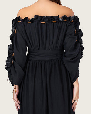 فستان ماكسي اسود مزهر بخليط الكتان أوف شولدر مع حزام خصر
