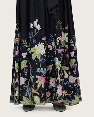 فستان ماكسي اسود مزهر بخليط الكتان أوف شولدر مع حزام خصر
