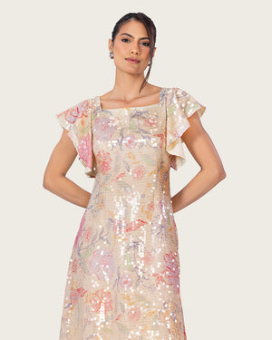 فستان ماكسي مزهر مزين بالترتر بأكمام فراشة