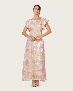 فستان ماكسي مزهر مزين بالترتر بأكمام فراشة