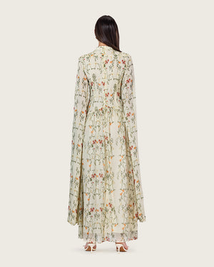 فستان عاجي بنقشة زهرية وأكمام منسدلة