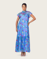 فستان ماكسي أورغانزا أزرق مزهر مع ربطة خلفية