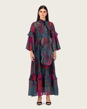 فستان ماكسي بطبعات فنية متعددة الألوان مع أكمام واسعة ورباط عنق
