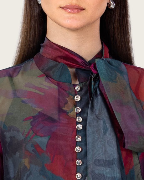 Printed Maxi Dress with Bow Neck and Flared Sleeves