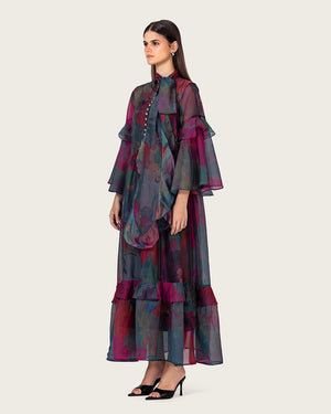 فستان ماكسي بطبعات فنية متعددة الألوان مع أكمام واسعة ورباط عنق
