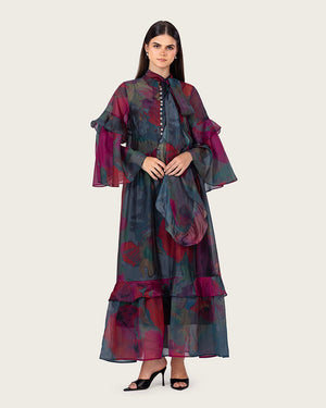 فستان ماكسي بطبعات فنية متعددة الألوان مع أكمام واسعة ورباط عنق
