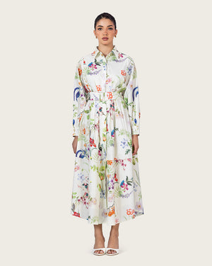 فستان قميص بوبلين مزهر مع حزام