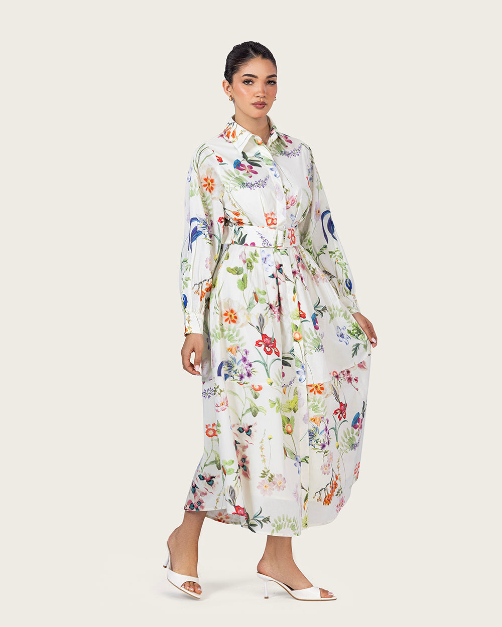 فستان قميص بوبلين مزهر مع حزام