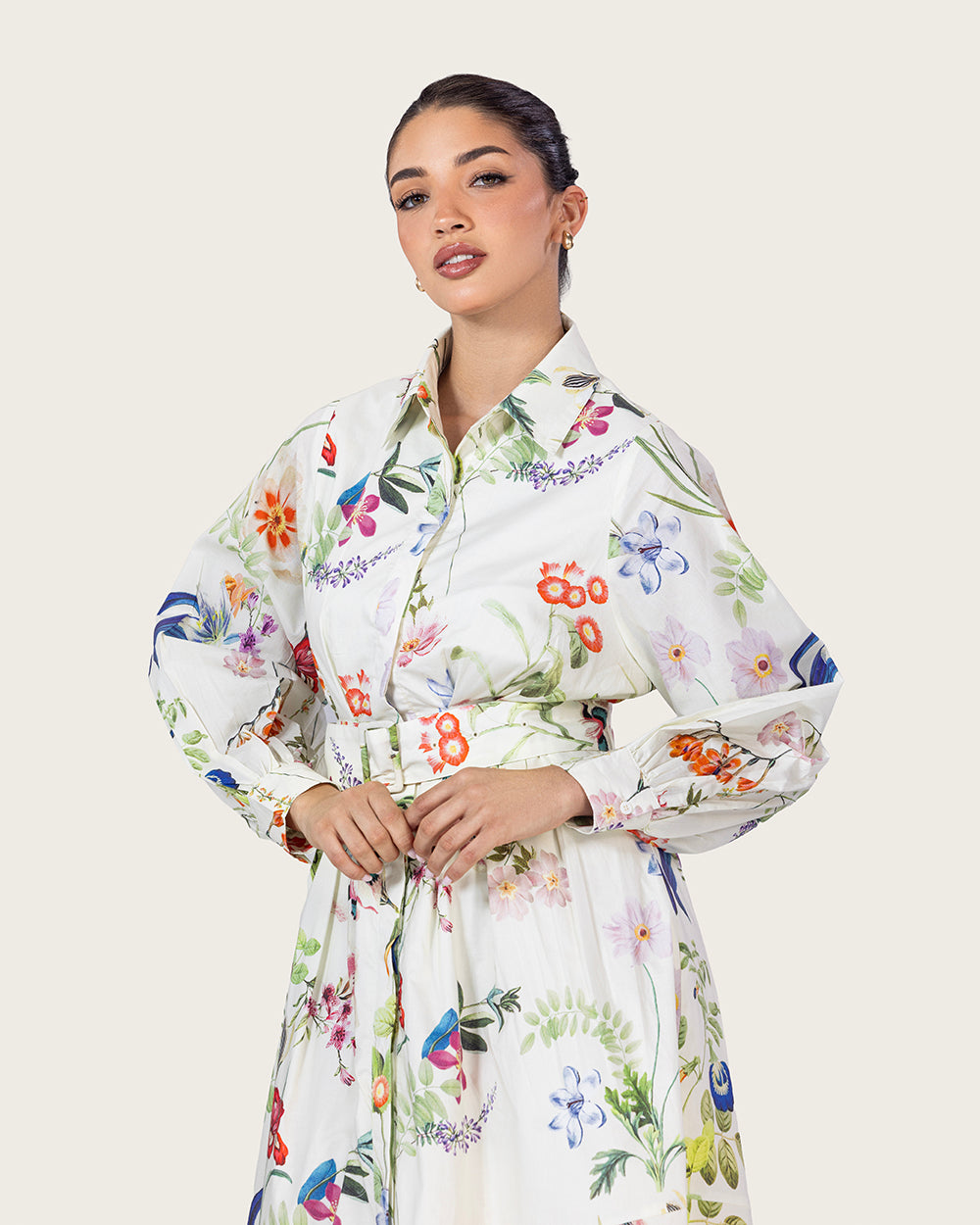 فستان قميص بوبلين مزهر مع حزام