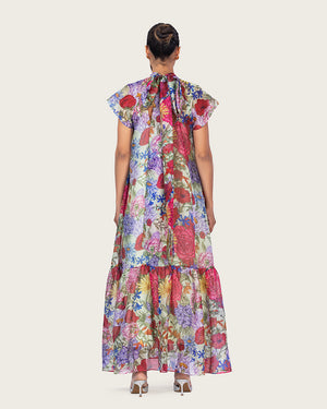 فستان ماكسي أورغانزا مزهر بياقة عالية وربطة خلفية