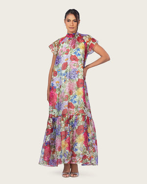 فستان ماكسي أورغانزا مزهر بياقة عالية وربطة خلفية