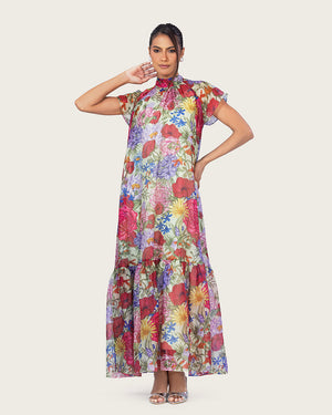 فستان ماكسي أورغانزا مزهر بياقة عالية وربطة خلفية