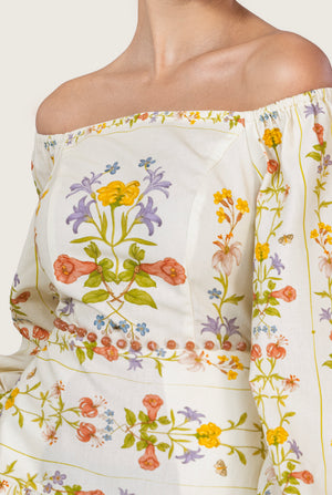 Floral Linen Dress with Hand-Beaded Waist