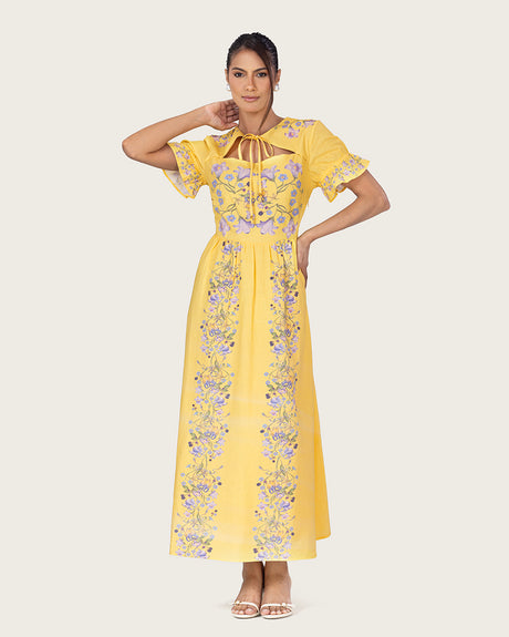 فستان كتان أصفر بنقشة زهور