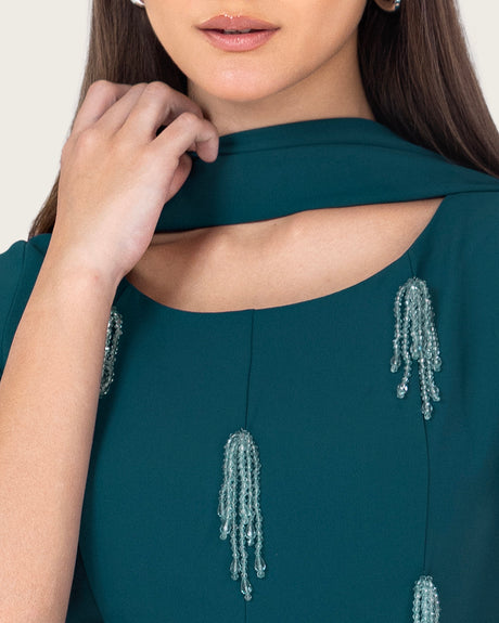 Teal Green Maxi Dress with Beaded Embellishments