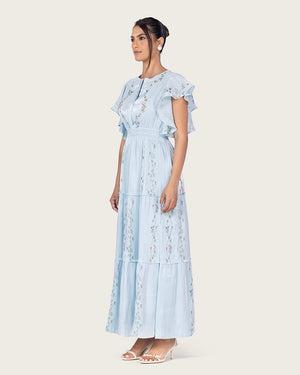 فستان ماكسي شيفون لامع أزرق فاتح بأكمام فراشة