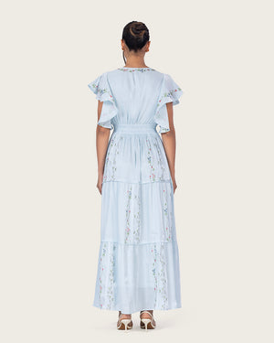 فستان ماكسي شيفون لامع أزرق فاتح بأكمام فراشة